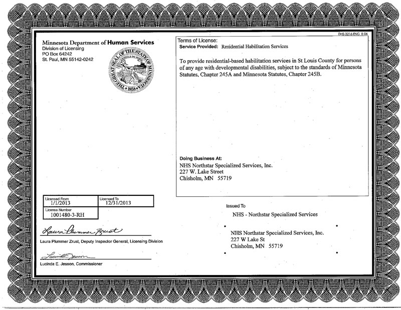 Licenses certifications nhs northstar specialized services